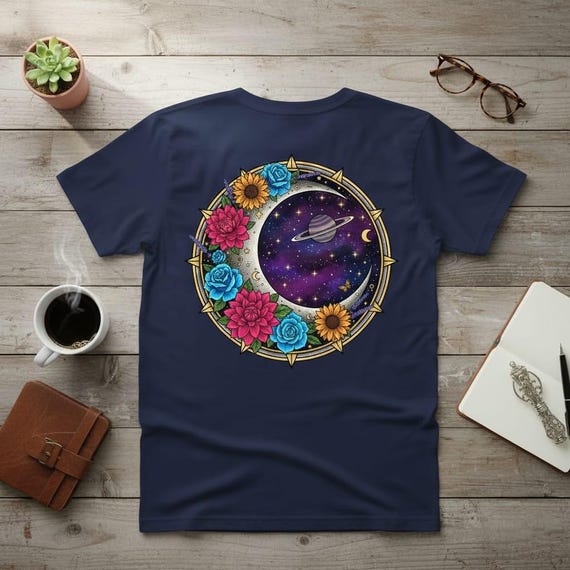 Celestial Floral Moon PNG | Saturn Galaxy Night Sky Mandala, Sunflower Dahlia Blue Rose Clipart | Sublimation