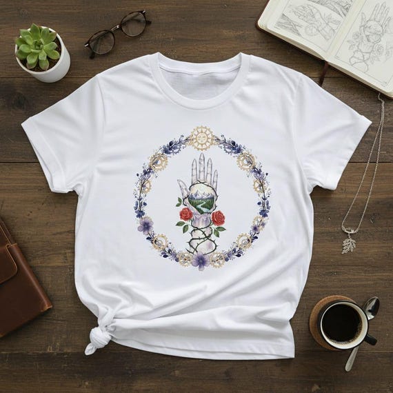 Crystal Hand Mountain Landscape PNG | Steampunk Floral Wreath (Transparent Background)