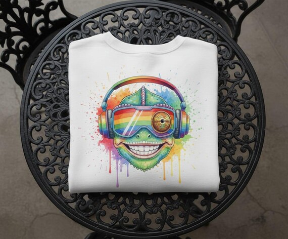 Chameleon PNG Rainbow DJ Art, Psychedelic Lizard Illustration (Digital Sublimation PNG, High-Resolution Download)