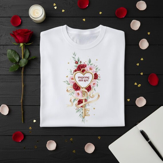 Golden Heart Key & Roses PNG, Valentine Anniversary Design (Digital Download)