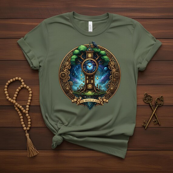 Oracle of Ages Graphic Tee - Steampunk Clock Tower, Cosmic Raven