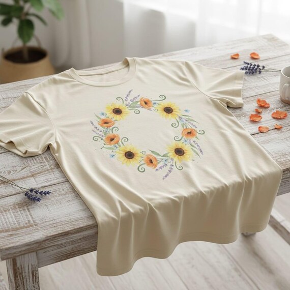 Watercolor Sunflower Wreath | Poppy, Lavender Floral Frame (PNG Digital Download)