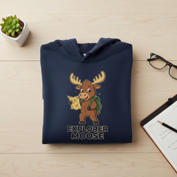 Explorer Moose PNG | Kawaii Cartoon Hiker, Map & Backpack (Digital Download)
