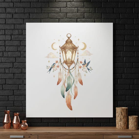 Watercolor Dreamcatcher Clipart – Lantern, Birds, Moon & Stars (PNG Digital Download)