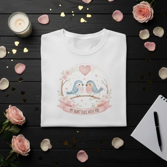 Watercolor Lovebirds PNG, Pink Rose Wreath, Valentine Anniversary Design (Digital Download)