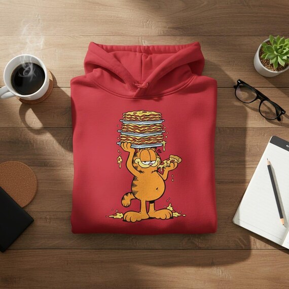 Retro Comic Orange Cat PNG: Lasagna & Pizza Art (Transparent Background)