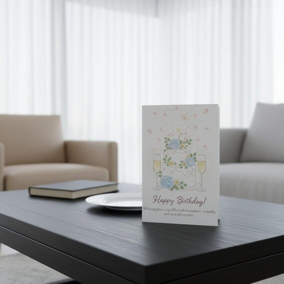 Watercolor Birthday Card, Cake and Champagne (Digital Download PNG, PDF Printables)