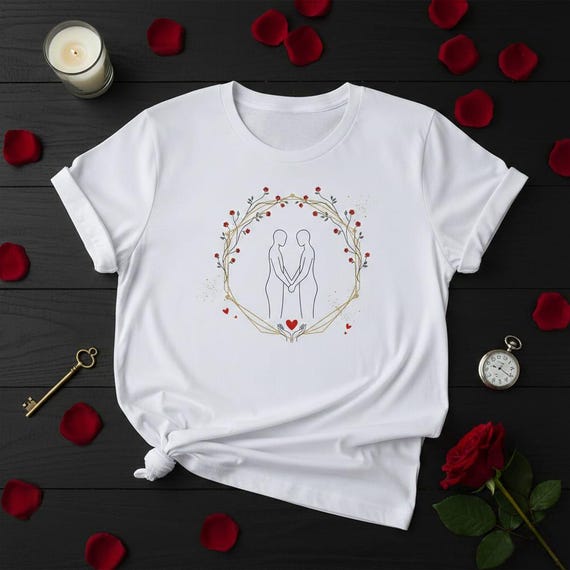 Soulmate Couple Line Art PNG, Geometric Gold Frame, Red Rose Wreath (Digital Art)