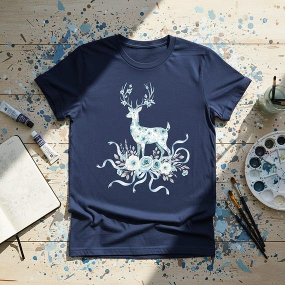 Blue Floral Deer PNG | Watercolor Winter Stag, Ribbon Design (Sublimation Download)
