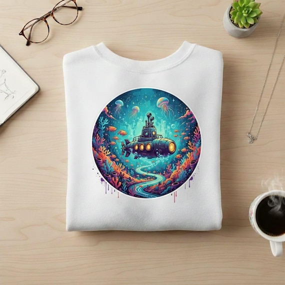 Steampunk Submarine PNG | Underwater Coral Reef Art (Transparent BG)