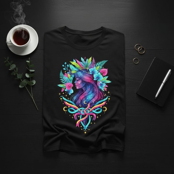 Neon Galaxy Woman Portrait PNG | Tropical Floral, Boho Sublimation (Digital Download)