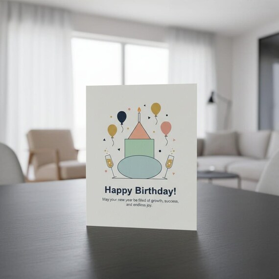 Happy Birthday Card, Cake and Balloons