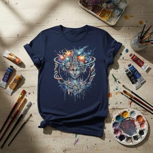 May include: Navy blue t-shirt featuring a detailed, colorful illustration of a stylized face with a crown and celestial elements. The design incorporates blues, oranges, and purples. The shirt is displayed on a wooden surface with art supplies.