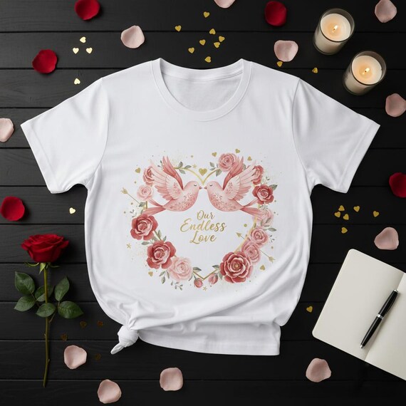 Pink Birds Heart PNG, Watercolor Rose Wreath, Wedding Anniversary Design (Digital Download)