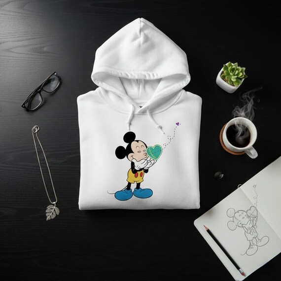 Mickey Mouse Blowing Kiss Clipart, Teal Stitched Heart (Digital Download)