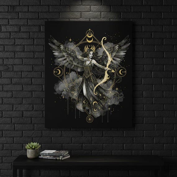 Gothic Lunar Archer PNG: Celestial Huntress, Gold Bow (Digital Download, Transparent Background)