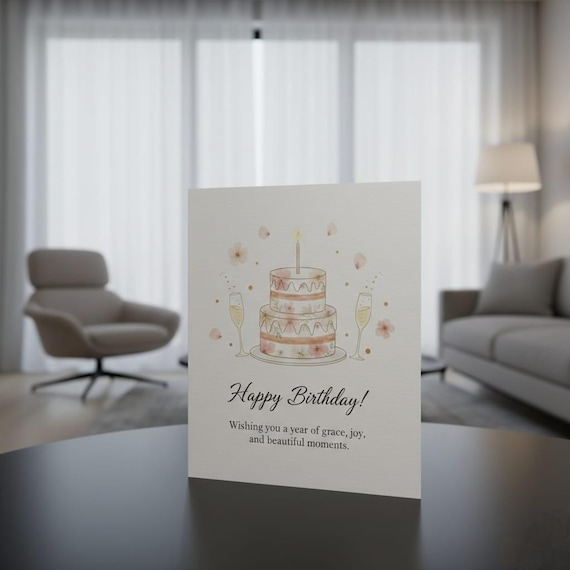 Elegant Floral Birthday Card, Champagne Cake Design (Digital Download PNG)