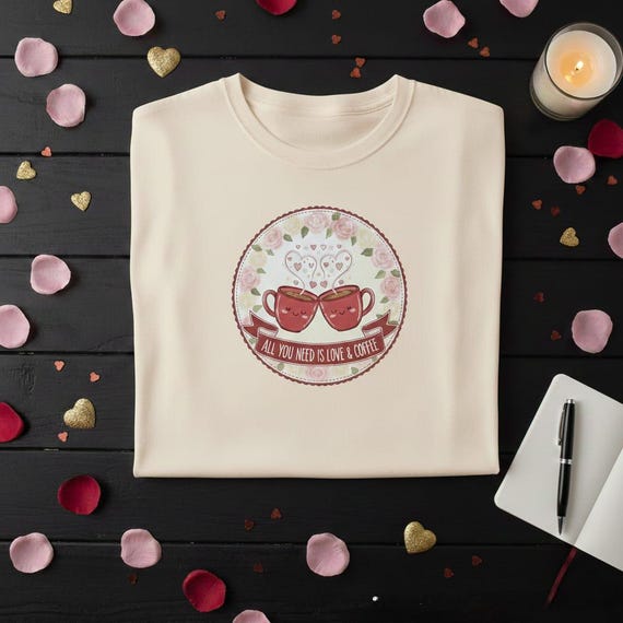 Love & Coffee Mugs PNG, Pink Rose Wreath, Valentine's Day (Digital Download)