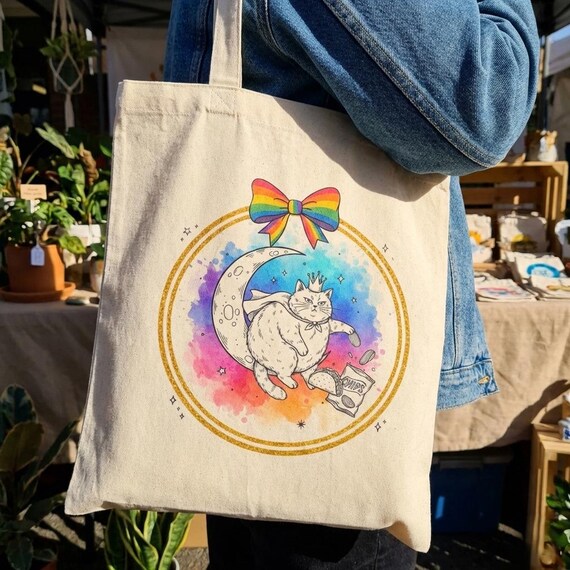 Whimsical Cat on Moon Tote Bag, Rainbow Bow, Taco & Chips