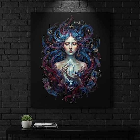 Celestial Goddess Art, Mystical Woman with Crystal, Spiritual PNG (Digital Download)