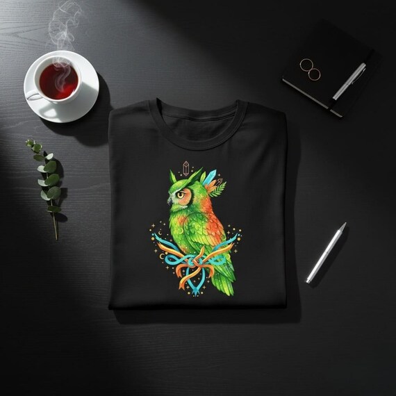 Watercolor Owl PNG | Neon Boho Owl with Crystals & Ribbon (Sublimation Download)