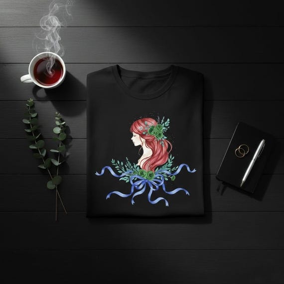 Watercolor Woman Portrait PNG | Red Hair, Green Roses (Digital Download)