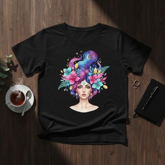 Celestial Goddess Portrait PNG | Galaxy Hair, Flowers, Crystals (Digital Download)