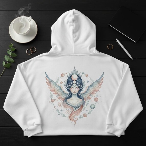 Celestial Goddess PNG | Moon Phase Angel with Planets, Crystal Crown & Astrology Watercolor Clipart | Sublimation