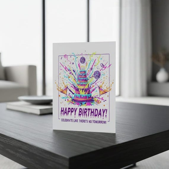 Neon Birthday Cake Card, Celebrate Like There's No Tomorrow (Digital Download PNG)