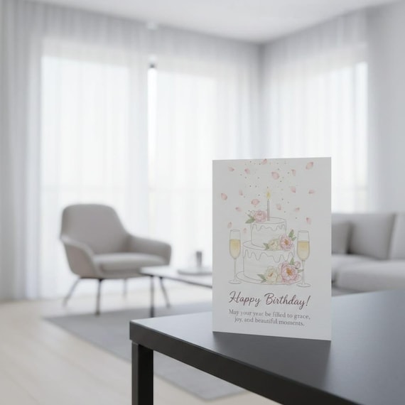 Watercolor Birthday Cake Card, Champagne Toast (Digital Download PNG)