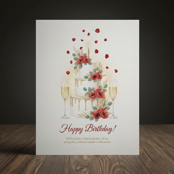 Watercolor Birthday Cake Card, Champagne Toast (Digital Download PNG)