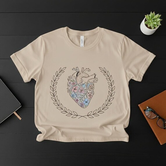 Floral Anatomical Heart PNG, Pastel Watercolor Laurel Wreath (Digital Download)