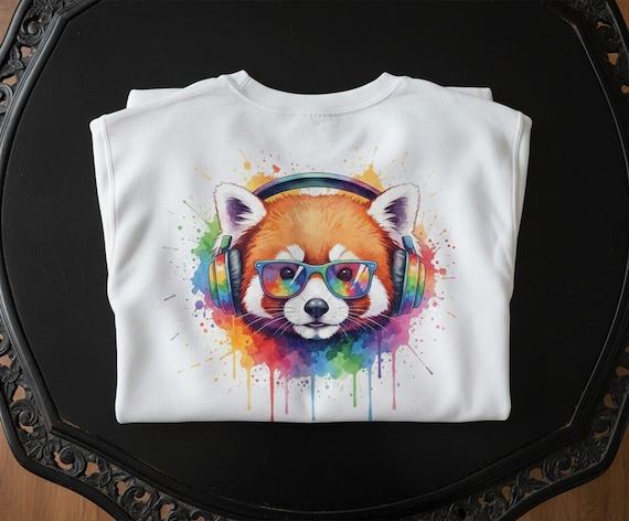 Red Panda PNG Watercolor Illustration: Rainbow Headphones, Indie Style Art (Digital Download, Sublimation PNG)