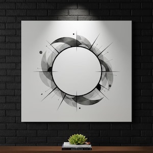 May include: A square canvas print with a monochrome geometric design. A large white circle is central, encircled by radiating lines and shapes. The artwork is framed in white and displayed against a black brick wall.
