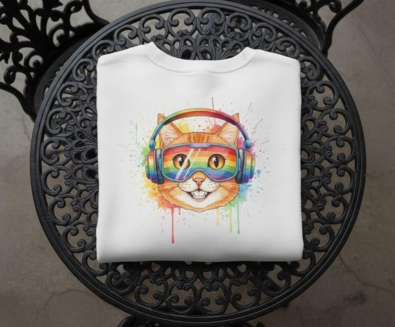 Rainbow Tabby Cat PNG – Watercolor Headphones Art (Digital Download)