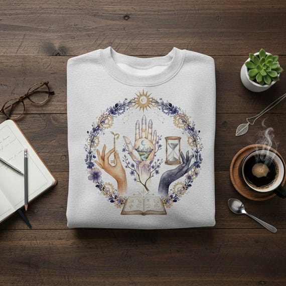 Mystical Crystal Hand PNG | Esoteric Landscape Illustration (Transparent BG)