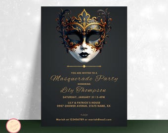 Masquerade Party Invitation Template, Gold Masquerade,  Gold and Black Adult Birthday, Editable Masquerade Invitation for all Ages