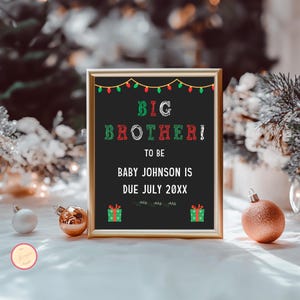 Anuncio de embarazo navideño moderno, anuncio de futuro bebé hermano mayor, letrero imprimible y editable, embarazo en vacaciones, revelación de embarazo