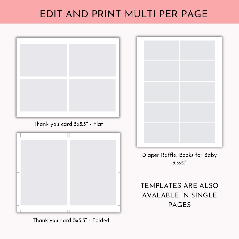May include: A layout for printable templates, featuring designs for thank you cards and diaper raffle cards. The text includes "EDIT AND PRINT MULTI PER PAGE" and card dimensions in inches. The templates are also available in single pages.