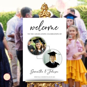 Graduation Party Welcome Sign Template, Minimalist Grad Party Celebration, Two Graduates Sign with Photo, Graduation Welcome Poster