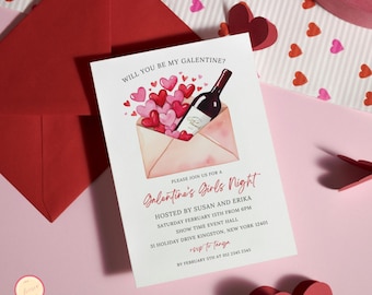 May include: A pink and white invitation card with a watercolor illustration of a red envelope with a bottle of wine and hearts spilling out. The text on the card reads "Will you be my Galentine?" and "Please join us for a Galentine's Girls Night Hosted by Susan and Erika Saturday February 15th from 6pm Show Time Event Hall 31 Holiday Drive Kingston, New York 12401 RSVP to tanga by February 5th at 012 2345 2345".