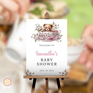 Time For Tea With The Mom To Be Welcome Template, Tea Party Baby Shower Sign, It&#39;s a Girl Baby Shower, Editable Pink Floral-Themed Poster