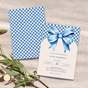Blue Bow Baby Shower Invitation Template, Boy Baby Shower Invite, Checkered-Themed, Blue Coquette Boy Evite, Editable & Printable