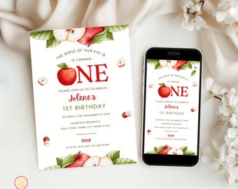 Bearbeitbare Apple Einladung zum ersten Geburtstag, Apfel unseres Auges 1. Geburtstag, Herbstapfel-Thema, Herbst-Apfel einjährige Mädchen-Geburtstagsfeier, J6IV0