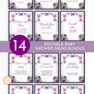May include: A set of 14 printable baby shower signs featuring a purple and gold butterfly theme. The signs include text such as "Mom-osa Bar", "Thank You for Coming", "Cards and Gifts", "Don't Say Baby", "How Big is Mommy's Belly?", and "Books for Baby".
