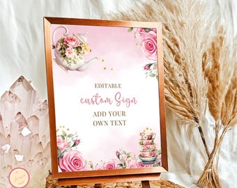 Editable Tea Party Table Sign - Pink And Gold Par-tea Thank You Sign - Whimsical Tea Party - High Tea Floral - Printable Party Tag - Any Age