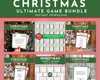 May include: A Christmas Ultimate Game Bundle with six different games, including Finish the Lyrics, Friendly Feud, Taboo, 5-Second Game, Party Game, and Name That Movie. Each game has a different number of cards.