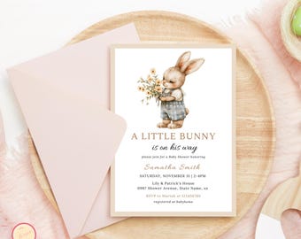 Redigerbar inbjudan till babyshower med pojkekanin, en liten kanin är på väg, blommig kanin-babyshowerinbjudan, inbjudan till babyshower med pojkekanin