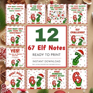 May include: A collection of twelve printable Christmas-themed Elf Notes. Each note features a festive design with a red and green color scheme, including a Santa hat and the numbers 6 and 7. The text includes phrases like "Elf Challenge!" and "Ready to Print."