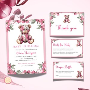 Baby in Bloom Baby Shower Invitation Bundle Template, Girl Baby in Bloom Invitation, Pink Watercolor Floral Baby Shower Invite, Pink Teddy